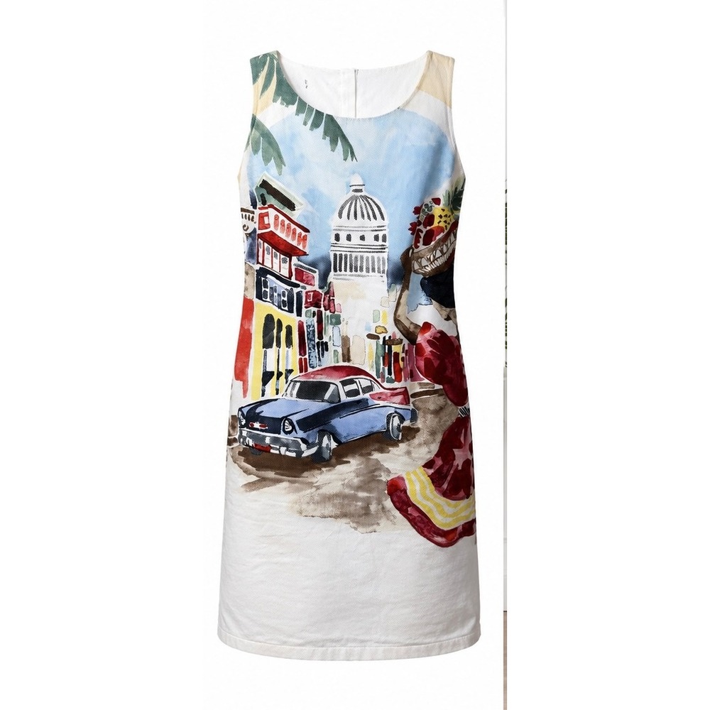 Havana Cuba Scenic Print Sleeveless Shift Dress Multi Color Classic Car Resort - Picture 2 of 10